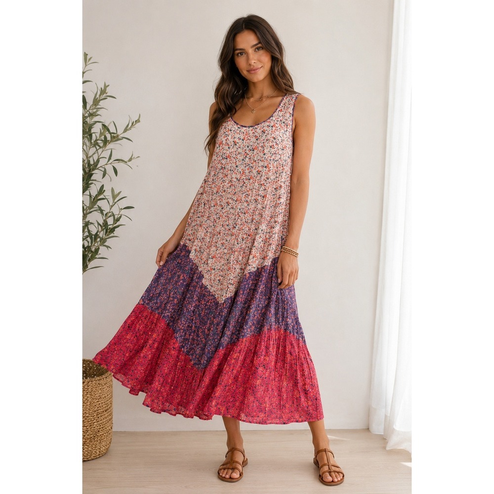 Olivia Maxi Dress Medium Pink Purple Floral Tiered Boho Sleeveless Rayon Summer